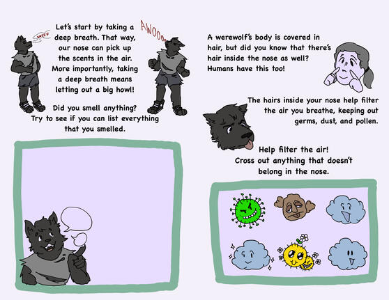 PAGE FROM A WORKBOOK DESIGNED TO TEACH CHILDREN ABOUT THE OLFACTORY SYSTEM WITH WEREWOLVES